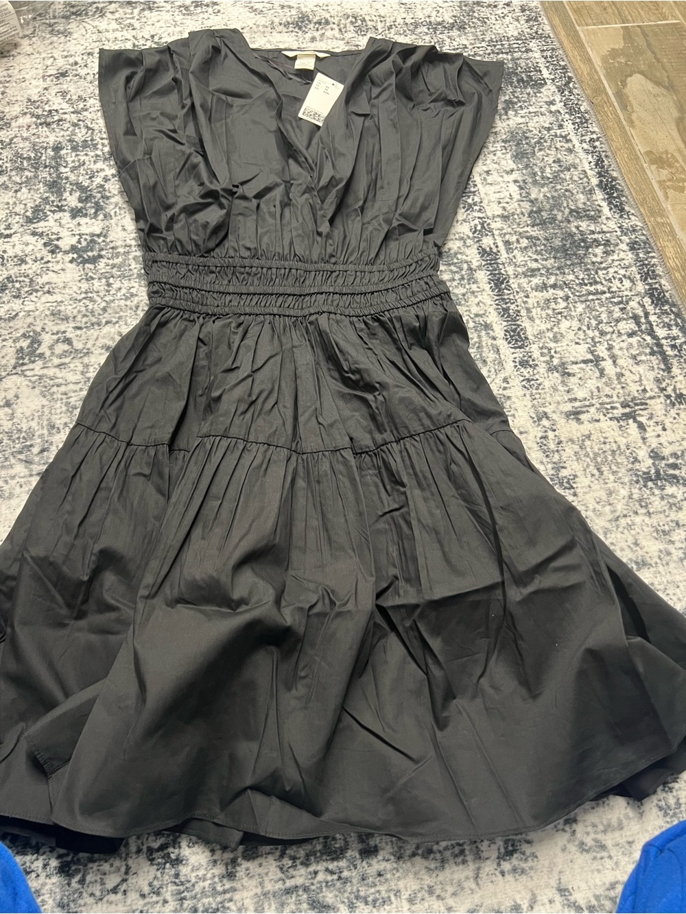 H&M Black V-Neck Smocked Waist Tiered Midi Dress